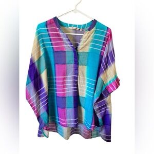 Soft Surroundings Blouse Tunic Top Painterly Plaid Shirt Multicolor Womens M